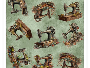 Blank Quilting Art Fabric - Antiqued Sewing Machines in Moss