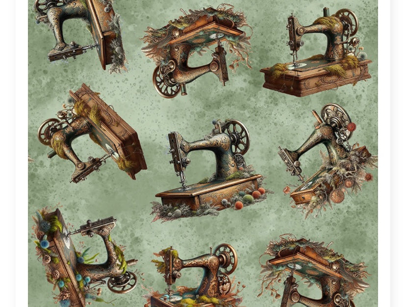 Blank Quilting Art Fabric - Antiqued Sewing Machines in Moss