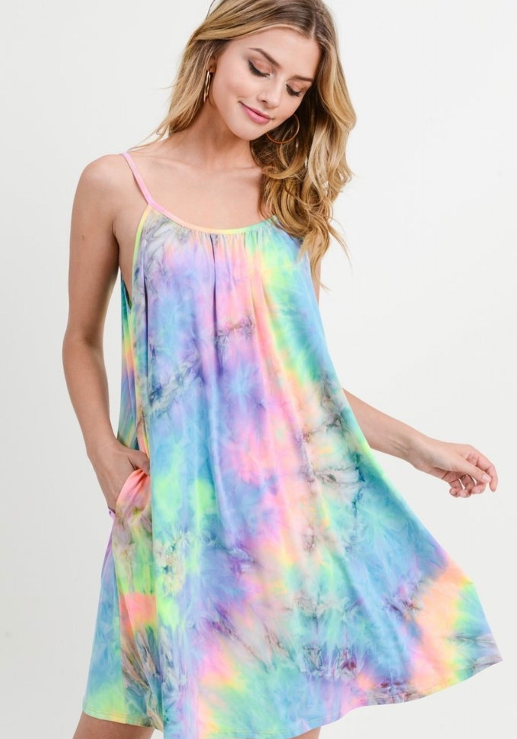Neon Tie Dyed Spaghetti Strap Dress with Pockets