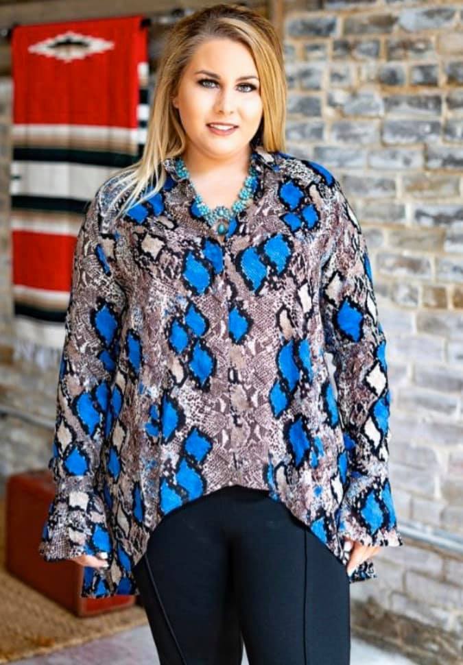 Button Down Blouse with Blue Snake Print and Ruffle Sleeve Detail