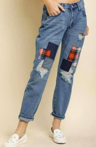 5 Pocket Straight Leg  Boyfriend Jeans with Patchwork Detail