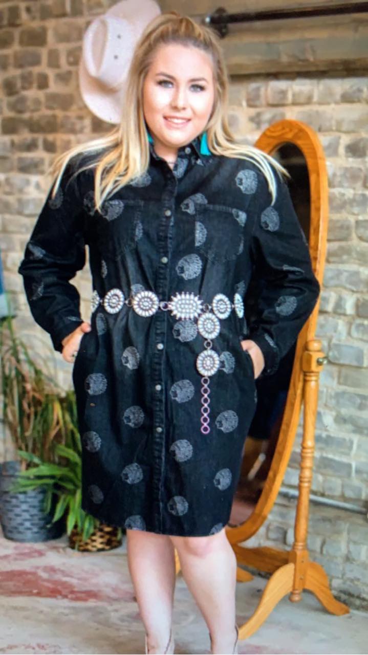 PLUS Black Denim Indian Head Imprinted Dress