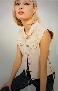 Distressed Pink Denim Vest with Skull Patch and Grommet Side Detail