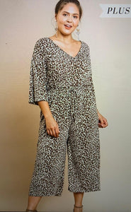 PLUS Animal Print V-Neck Wide Leg Jumpsuit with Pockets and Elastic Waist with Tie