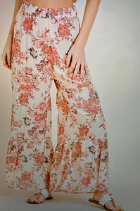 Floral Print High Waisted Ruffled Wide Leg Pants with Elastic Waist