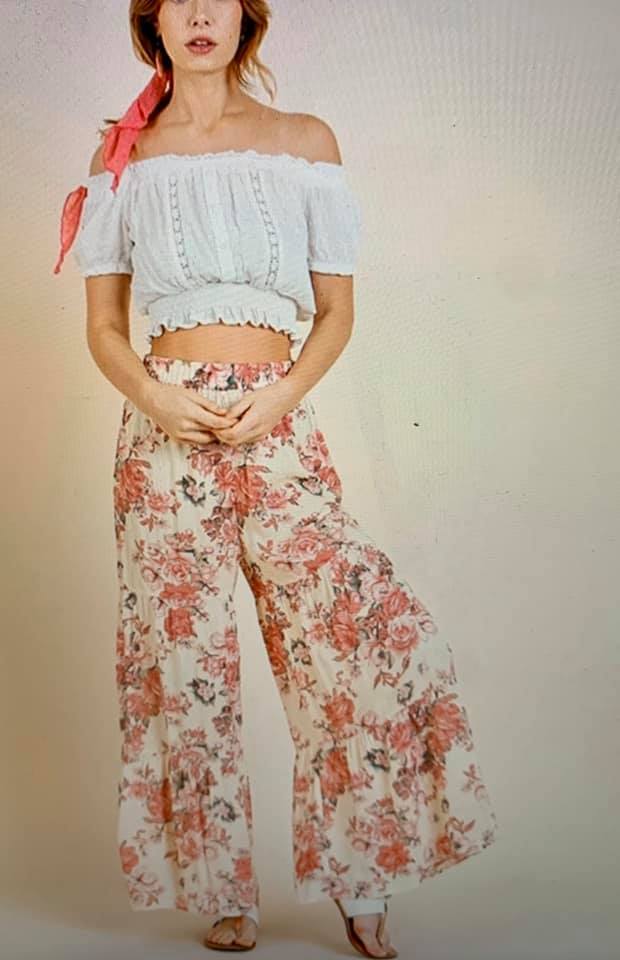 Floral Print High Waisted Ruffled Wide Leg Pants with Elastic Waist