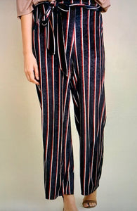 Striped High Waisted Velvet Wide Leg Pants with Pockets and Waist Tie