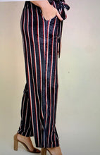 Load image into Gallery viewer, Striped High Waisted Velvet Wide Leg Pants with Pockets and Waist Tie
