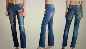 PLUS Boot Cut Jeans with Distressing and Sequin Floral Detail
