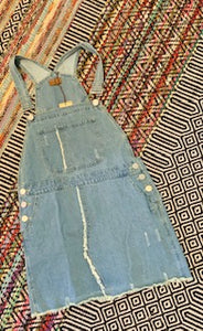 Distressed Overall Denim Dress with Back Plaid Panel Detail
