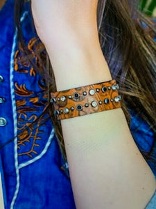 Tooled Leather Cuff Bracelet with Rhinestone Detail