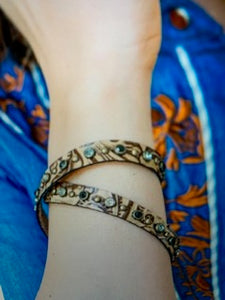 Tooled Leather Wrap Bracelet with Rhinestone Detail