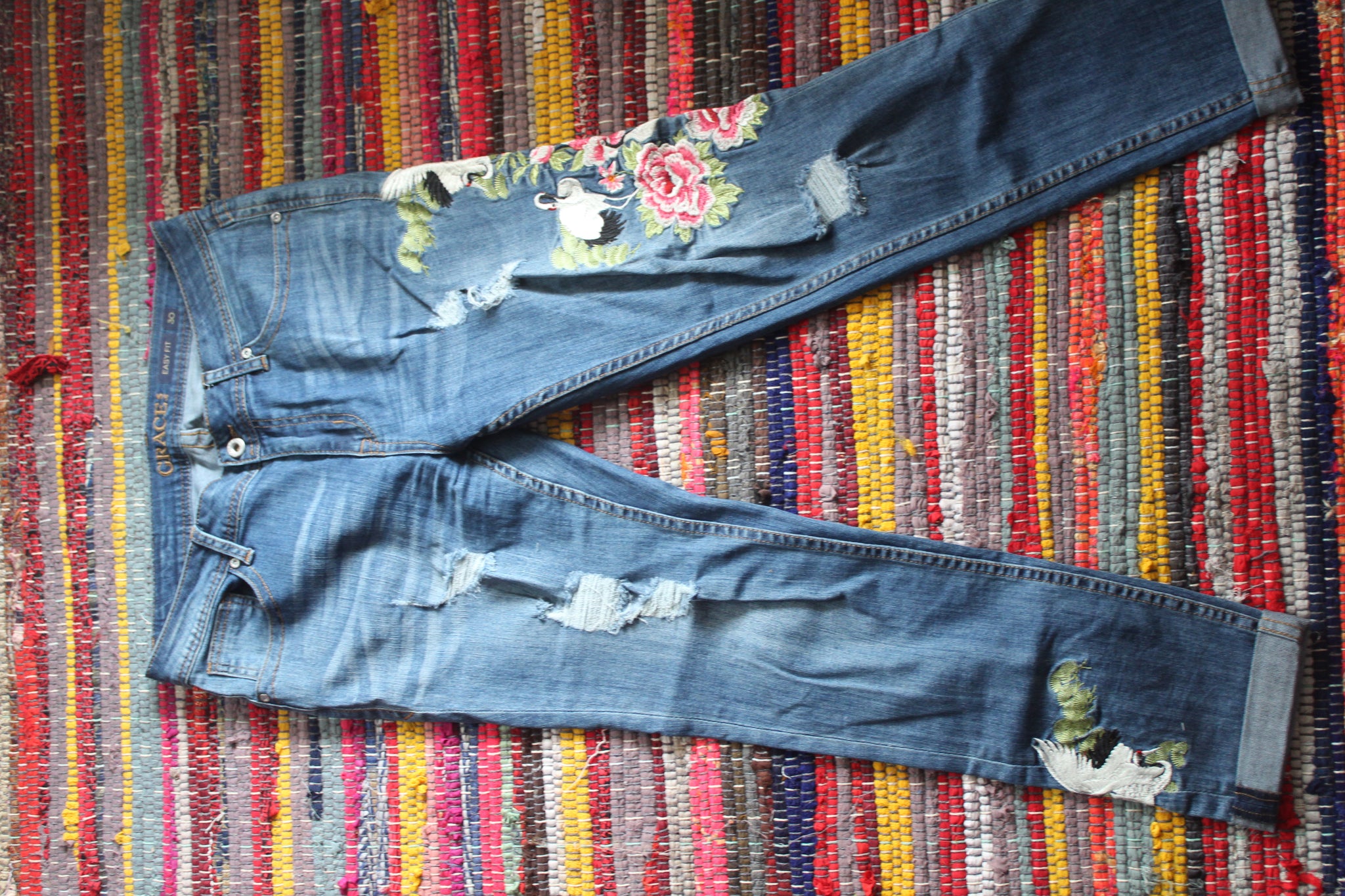 cuffed floral embroidered jeans