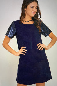 Short Sleeve Knit Pullover with Sequin Contrast Sleeves and Raw Hem
