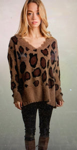 PLUS Animal Print V-neck Pullover Sweater with Distressed Hem