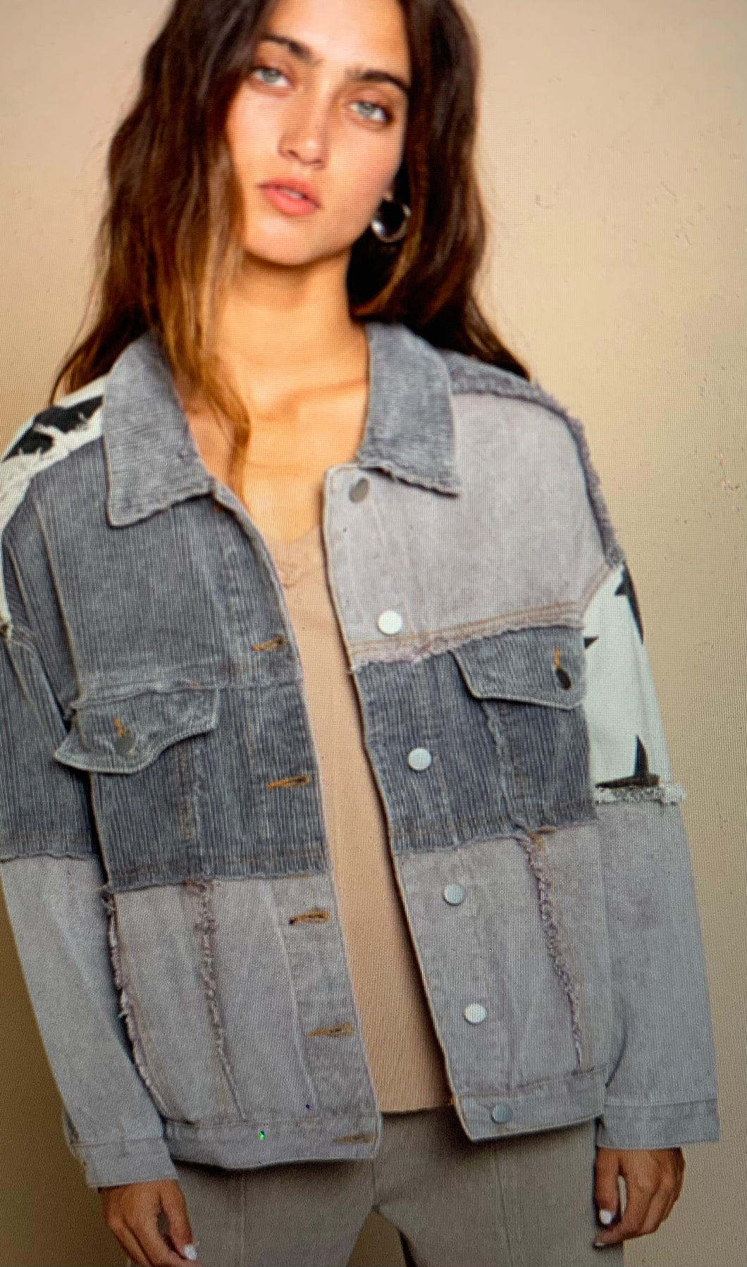 Corduroy and Denim Jacket with Star Detail