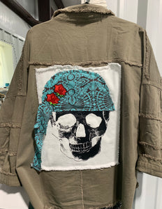 Custom Pirate Frayed Snap Down Jacket with Skull Patch on Reverse