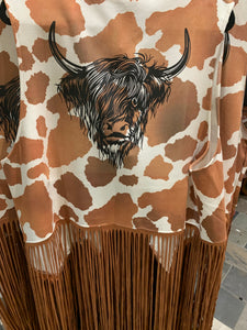 Custom Bull & Cowhide Print Suede Vest with Fringe