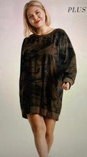 Load image into Gallery viewer, PLUS French Terry Camo Print Raw Edged Dress with Ribbed Hem and Back Panel
