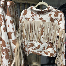 Load image into Gallery viewer, Cowhide print denim jacket with fringe detail
