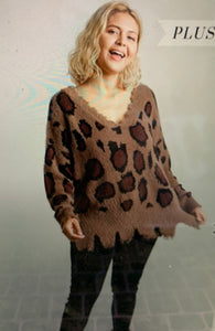 PLUS Animal Print V-neck Pullover Sweater with Distressed Hem