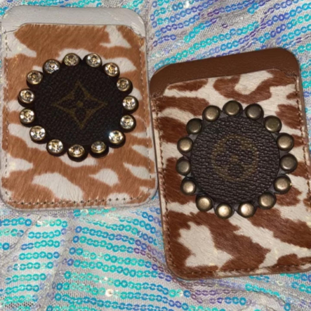 Cowhide Card Holder with Large Crystal LV Charm