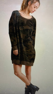 French Terry Camo Print Raw Edged Dress with Ribbed Hem and Back Panel