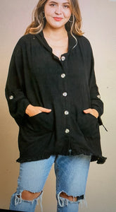 PLUS 3/4 Sleeve Button Hooded Jacket with Frayed Hrm