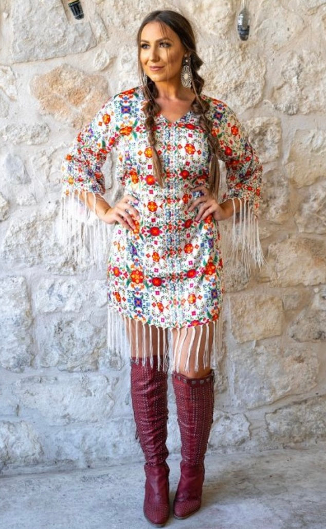 PLUS or MISSES Mexican Tile Inspired Block PulloverSatin Dress with Fringe and Tie Waist