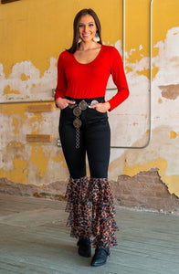 Stretch Flares with Leopard Ruffle Detail