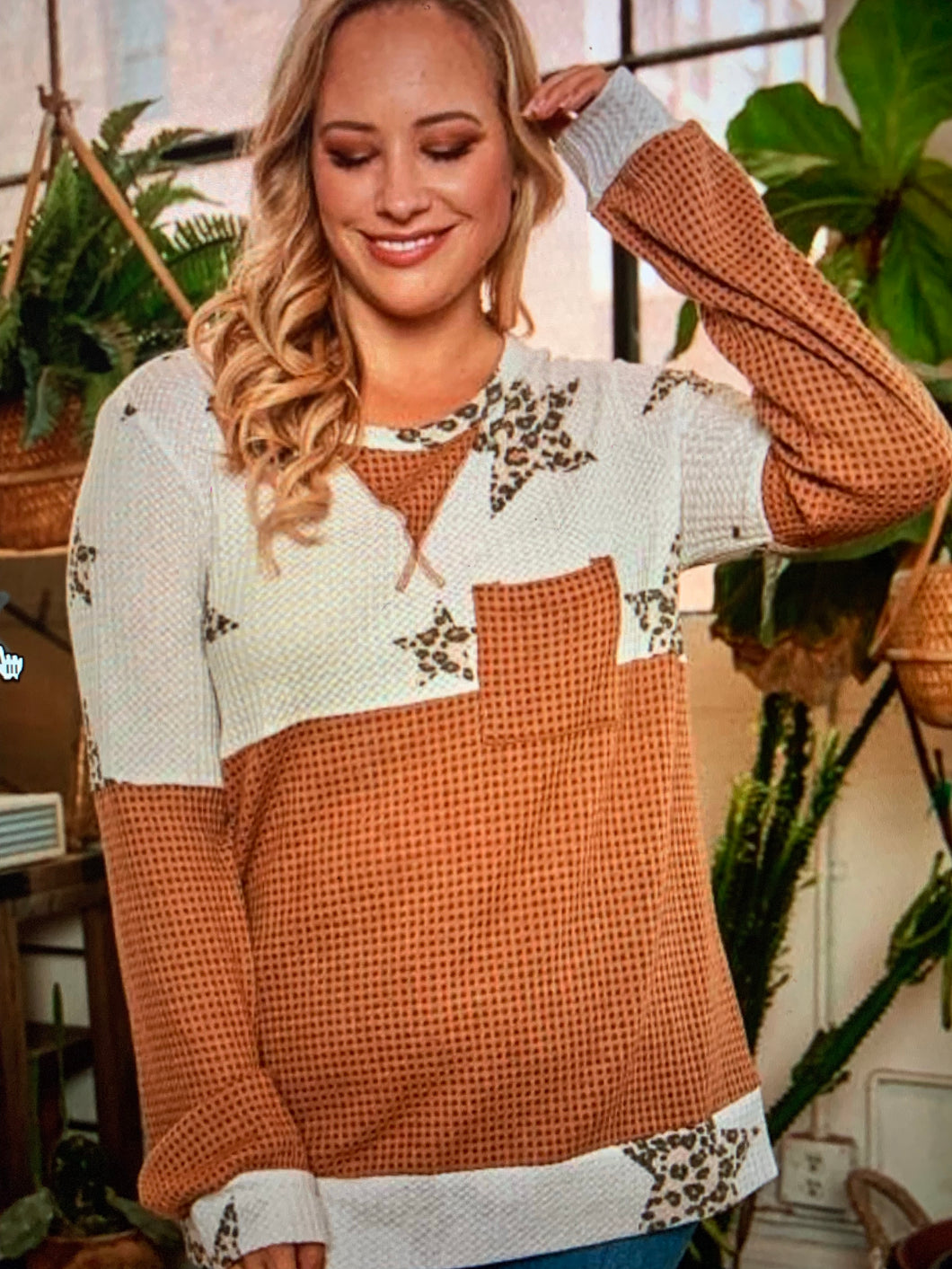 PLUS Waffle Top with Animal Print Star Detail