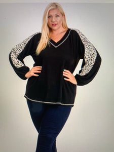 PLUS Balloon Sleeve Top with Contrast Thread and Animal Print Panel